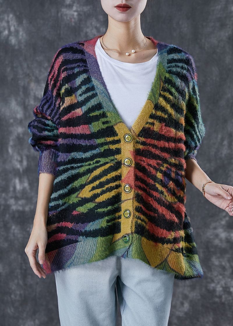 Dame Rainbow Oversized Stripet Strikket Cardigan Vinter - Cardigans for kvinner
