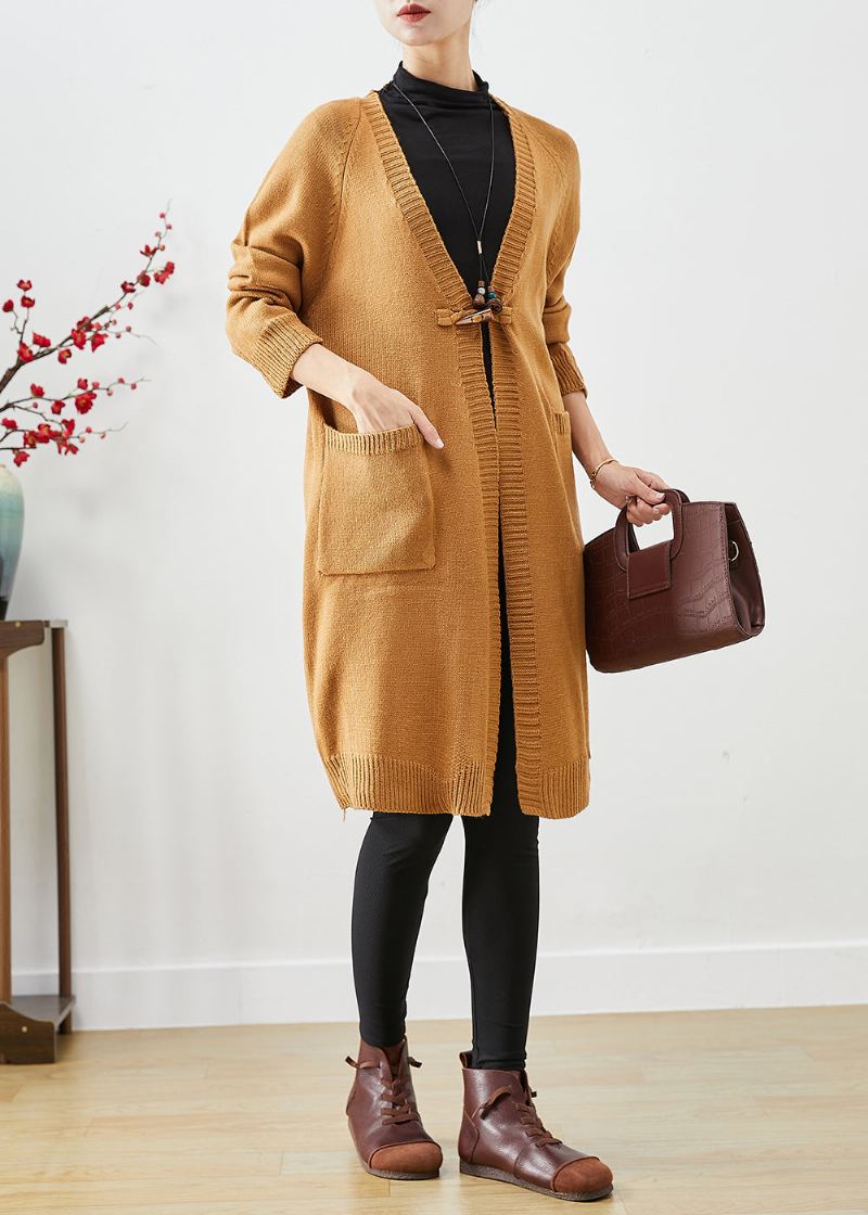 Kvinner Khaki Oversized Lommer Strikket Cardigan Fall - Cardigans for kvinner