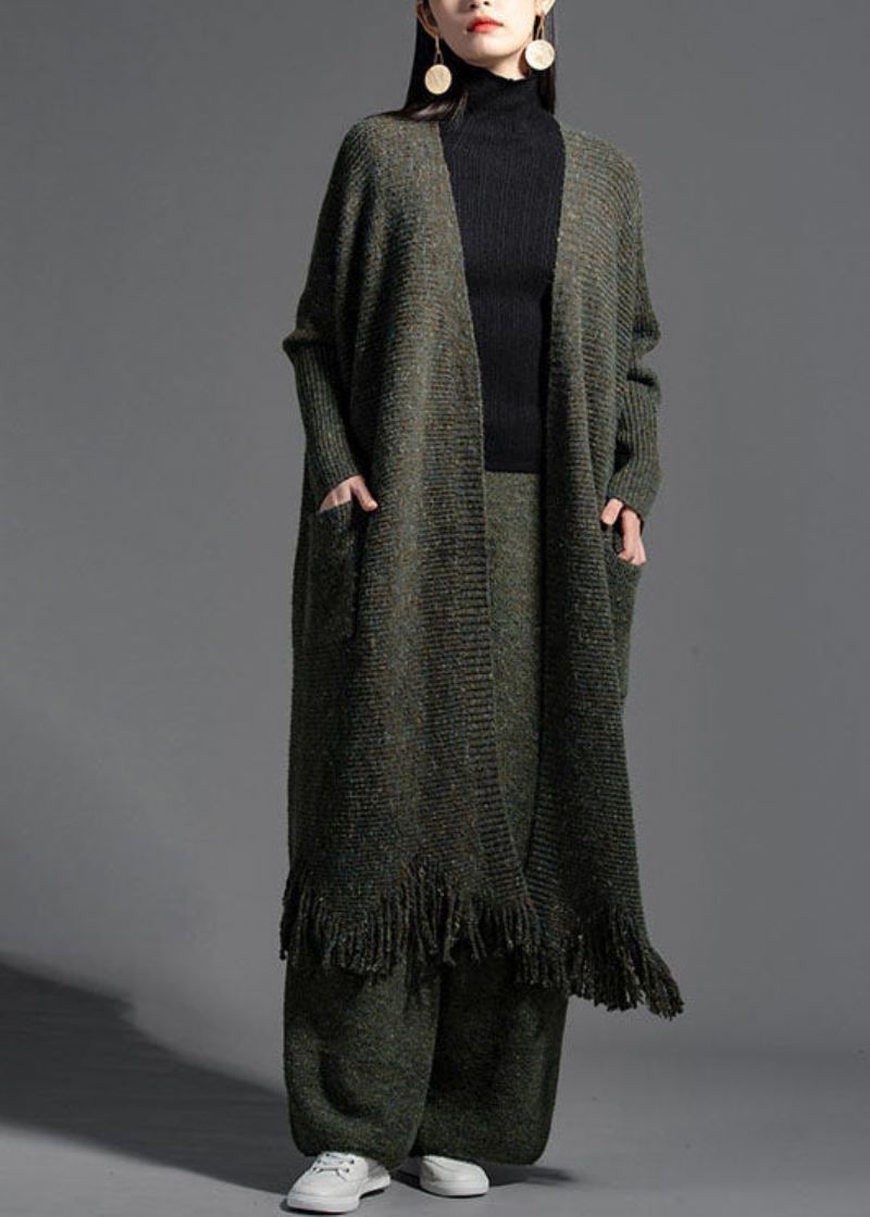 Oversized Grønn Duskstrikket Løs Cardiganfjær - Cardigans for kvinner