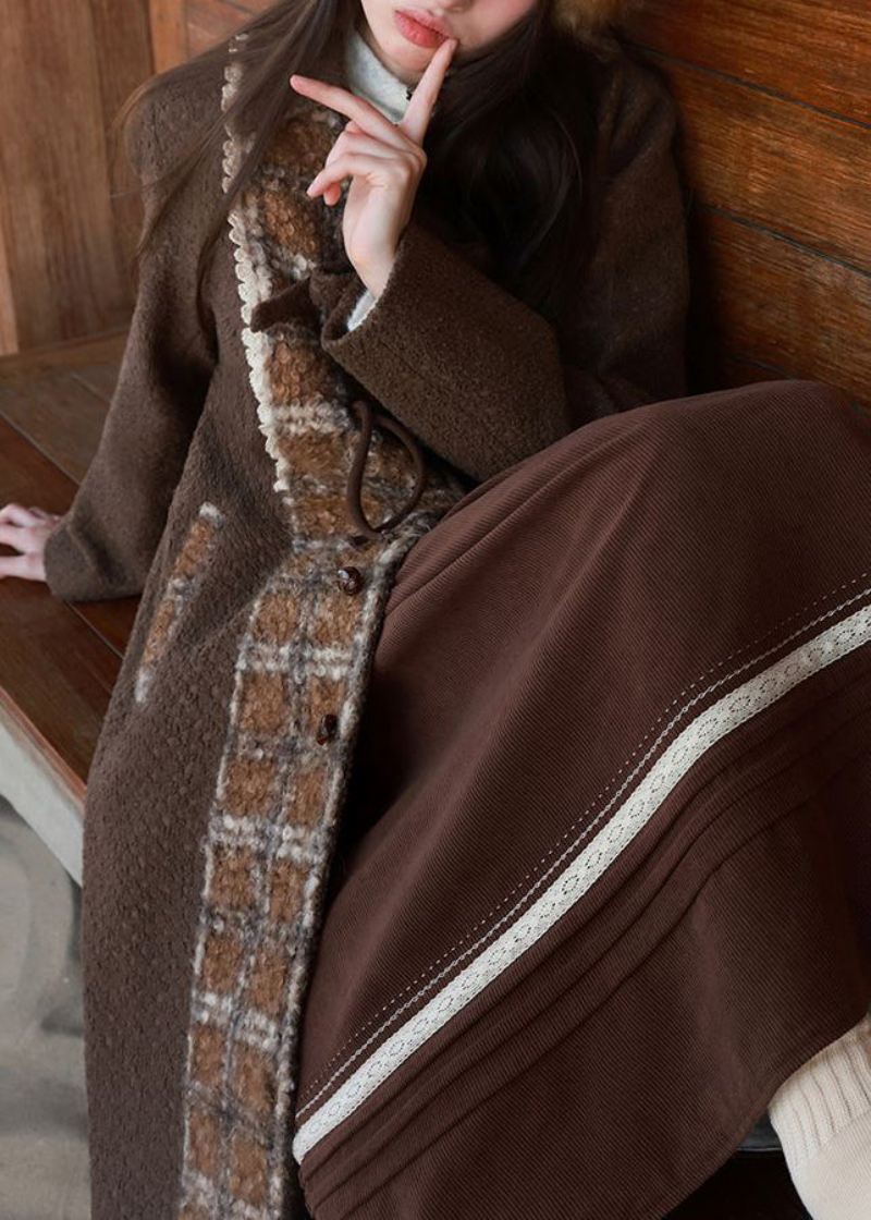 Ny Brun Peter Pan Kragelommer Patchwork Ullfrakk Vinter - Ullkåper for kvinner