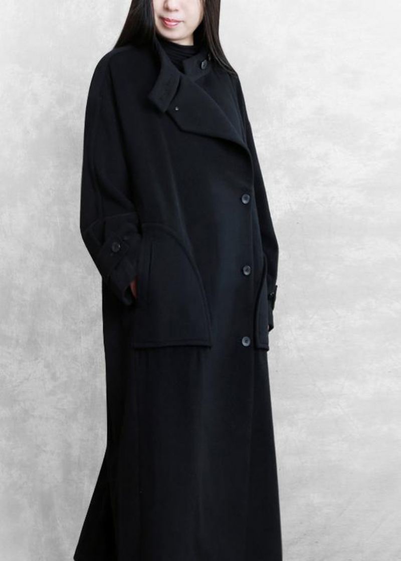 Ny Plus Size Lang Vinterfrakk Sorte Lommer Button Down Ullfrakker Dame - Ullkåper for kvinner
