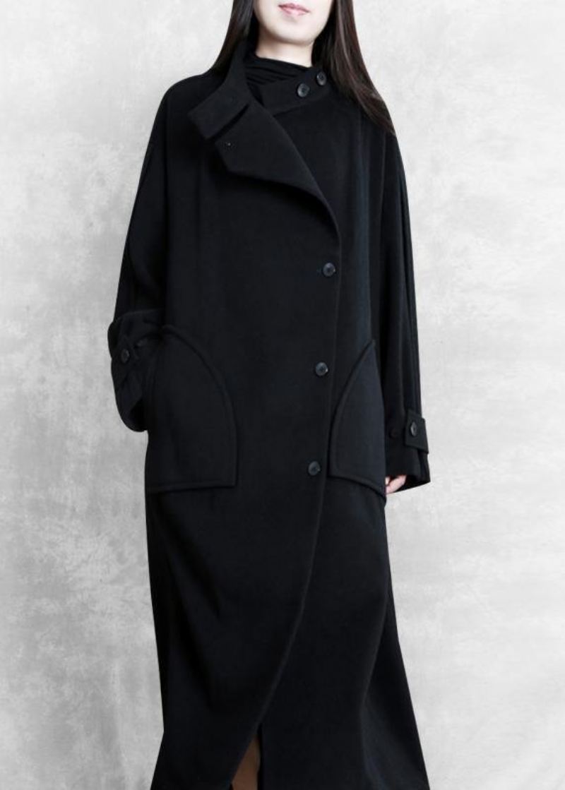 Ny Plus Size Lang Vinterfrakk Sorte Lommer Button Down Ullfrakker Dame - Ullkåper for kvinner
