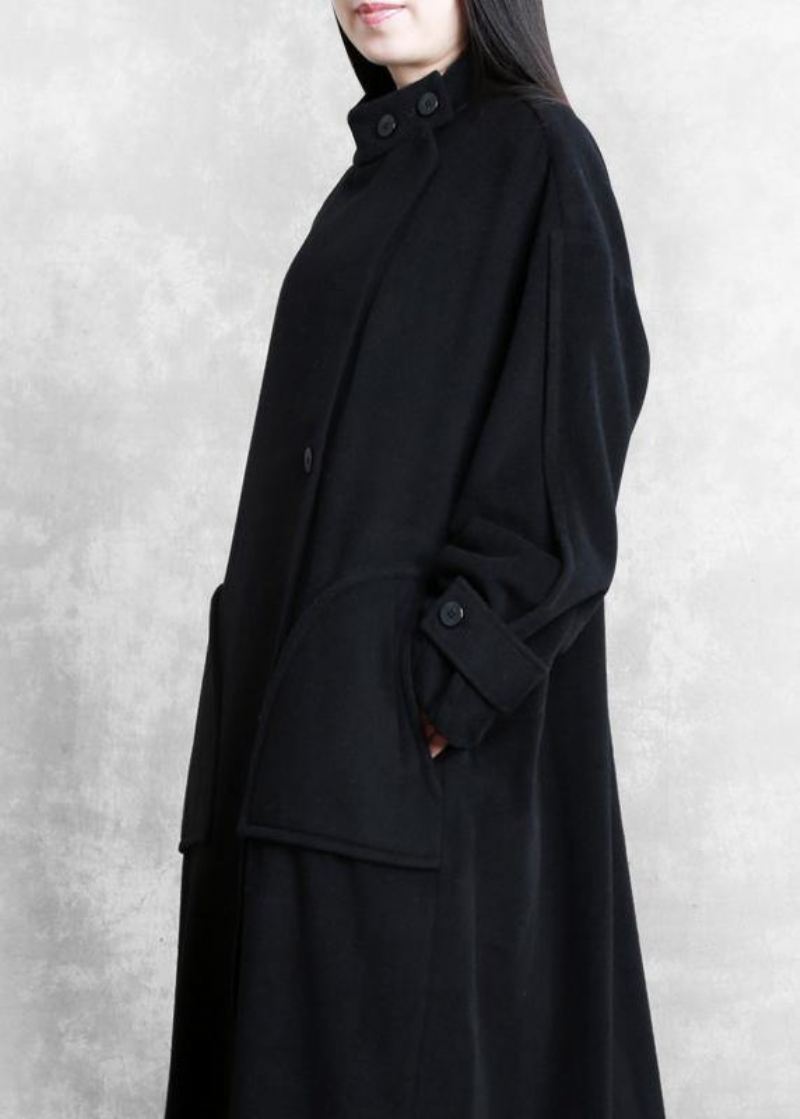 Ny Plus Size Lang Vinterfrakk Sorte Lommer Button Down Ullfrakker Dame - Ullkåper for kvinner