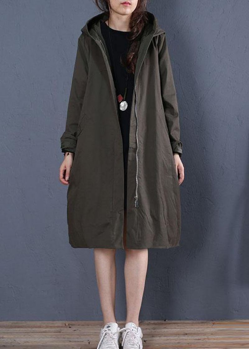 Boutique Oversized Mellomlange Kåper Høstfrakk Grågrønn Hettejakke Med Glidelås - Trenchcoats for kvinner