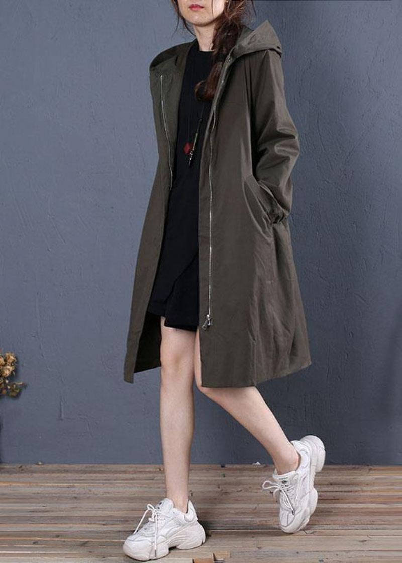 Boutique Oversized Mellomlange Kåper Høstfrakk Grågrønn Hettejakke Med Glidelås - Trenchcoats for kvinner
