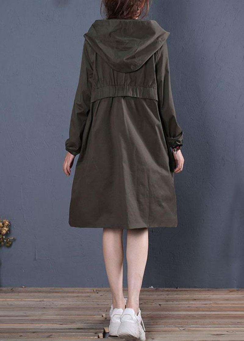 Boutique Oversized Mellomlange Kåper Høstfrakk Grågrønn Hettejakke Med Glidelås - Trenchcoats for kvinner