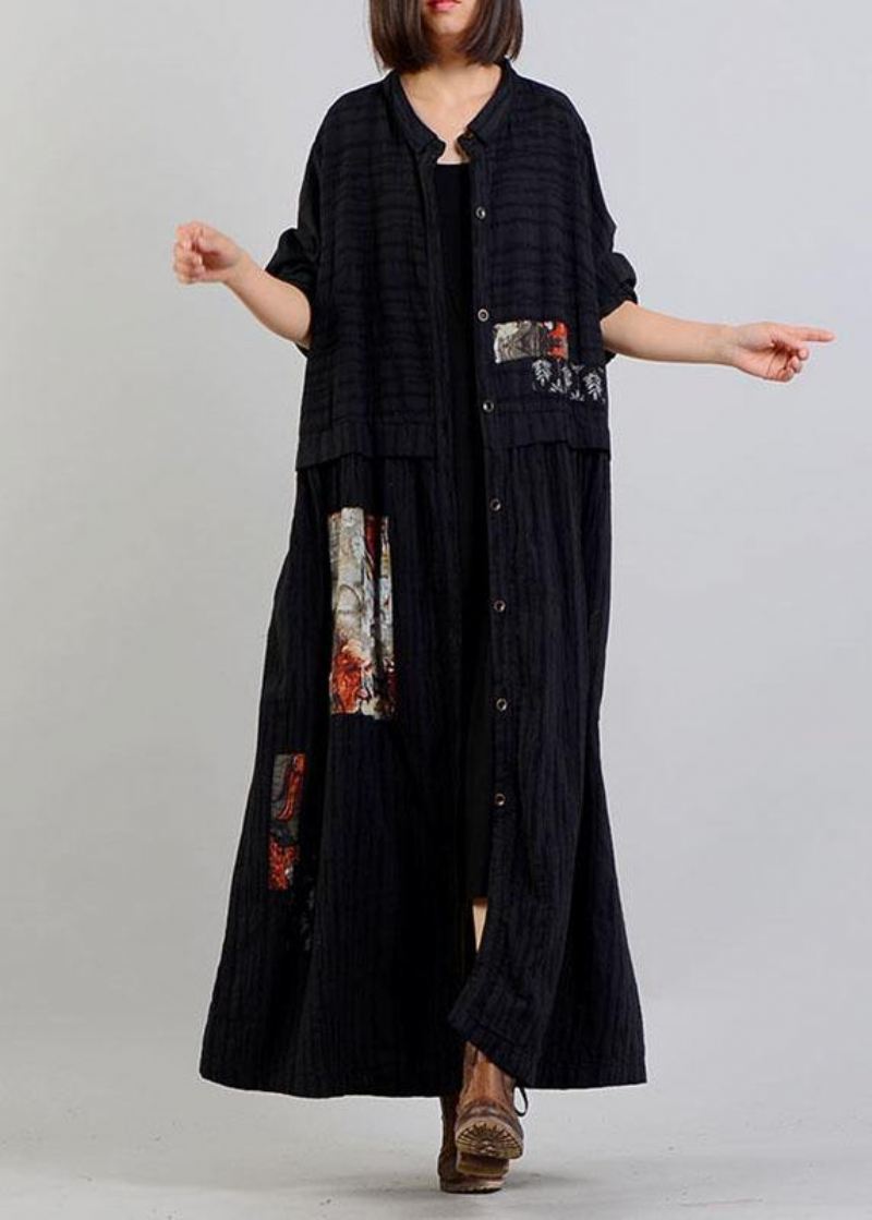 Diy Svart Lin Bomull Frakk Patchwork Cinched Kapper Høst