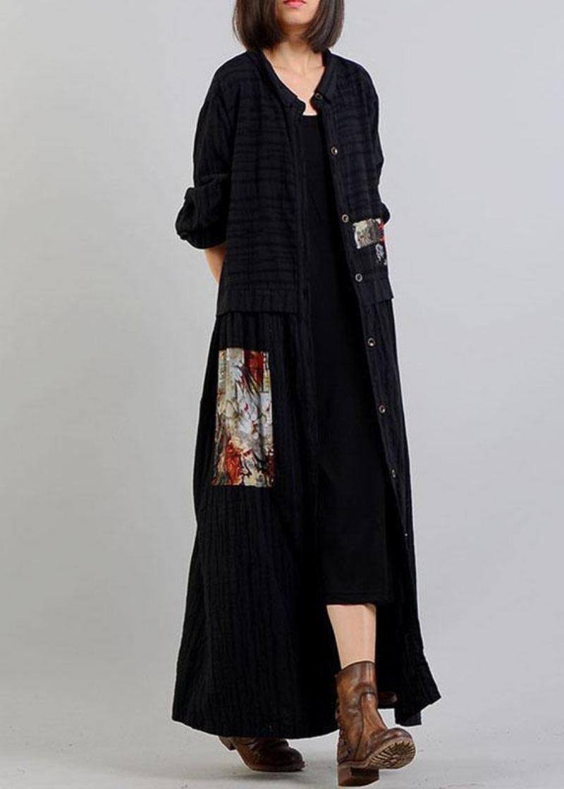 Diy Svart Lin Bomull Frakk Patchwork Cinched Kapper Høst - Trenchcoats for kvinner