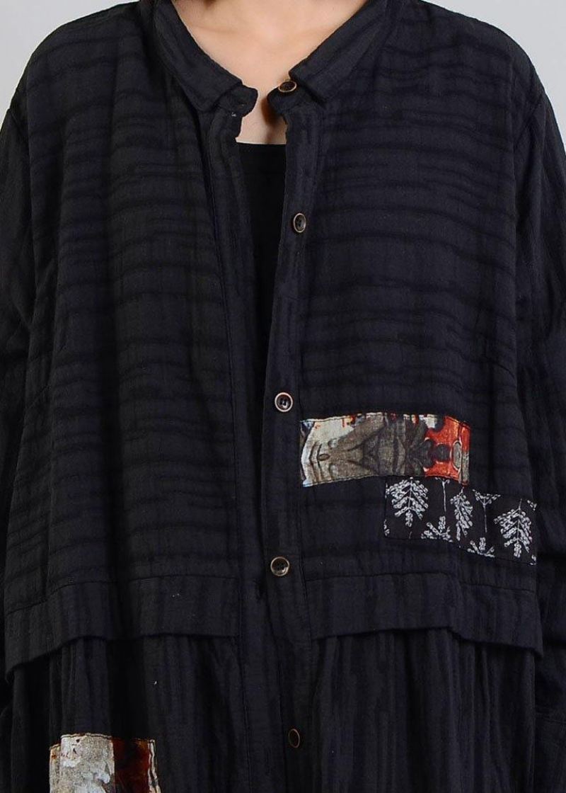 Diy Svart Lin Bomull Frakk Patchwork Cinched Kapper Høst - Trenchcoats for kvinner