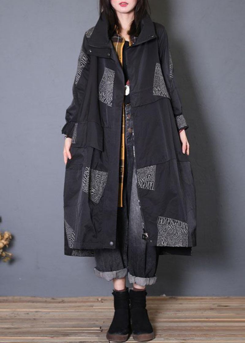 Fashion Plus Size Frakker Faller Svarte Kåper Med Glidelås - Trenchcoats for kvinner