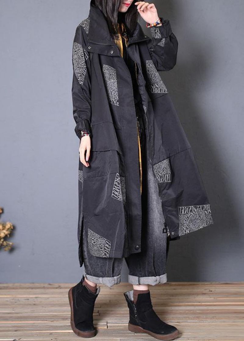 Fashion Plus Size Frakker Faller Svarte Kåper Med Glidelås - Trenchcoats for kvinner