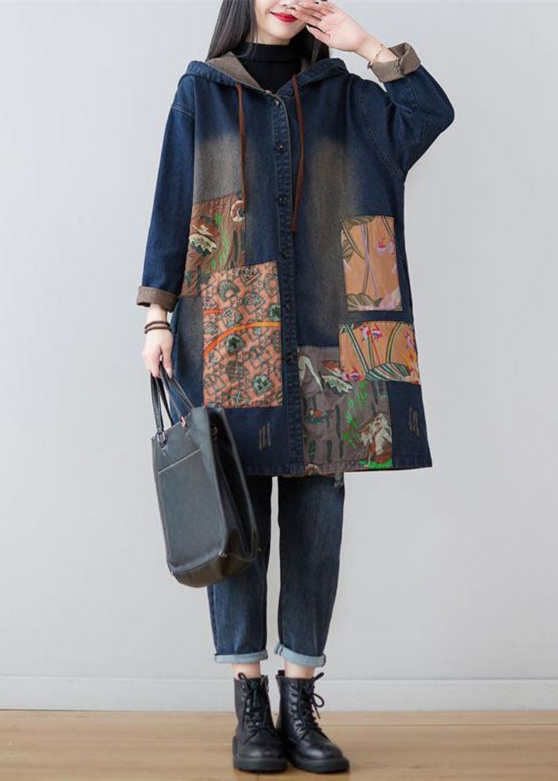 Moderne Marineblå Hette Patchwork Print Denim Kåper Våren