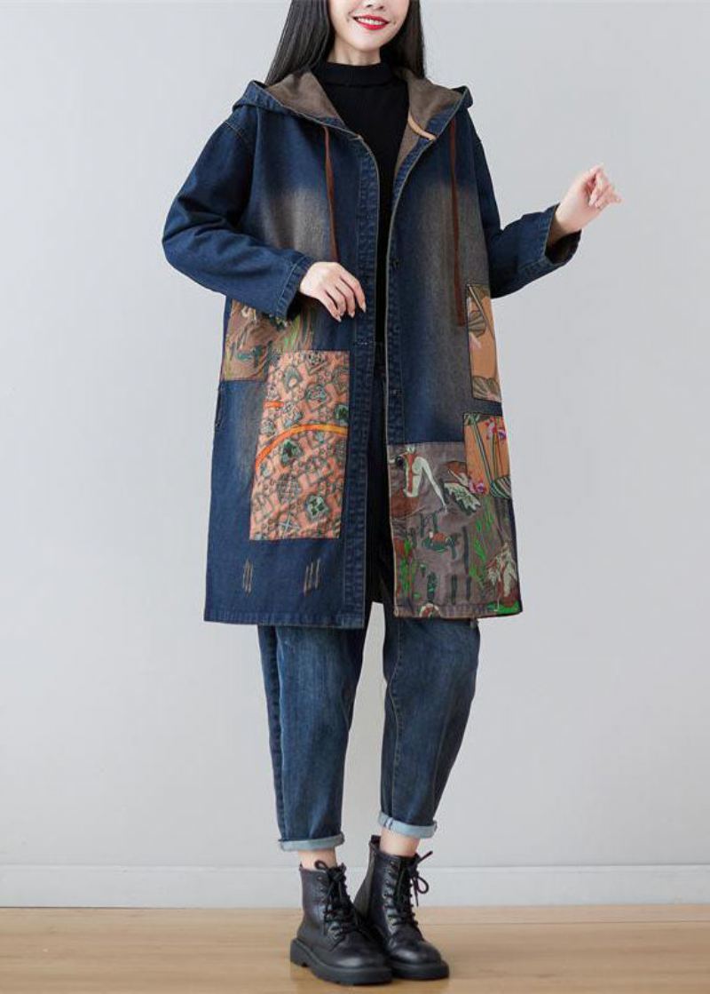 Moderne Marineblå Hette Patchwork Print Denim Kåper Våren - Trenchcoats for kvinner