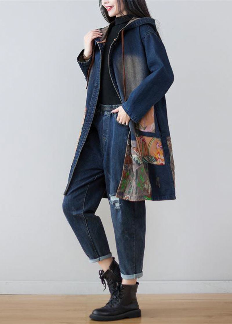 Moderne Marineblå Hette Patchwork Print Denim Kåper Våren - Trenchcoats for kvinner