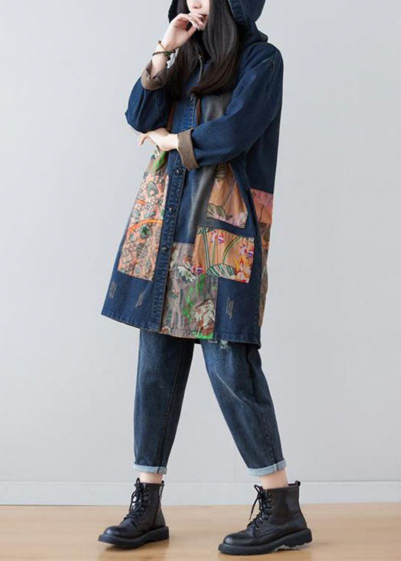 Moderne Marineblå Hette Patchwork Print Denim Kåper Våren - Trenchcoats for kvinner