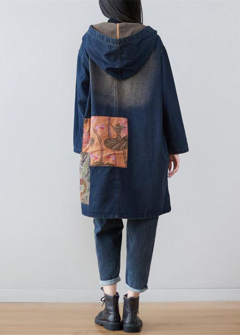 Moderne Marineblå Hette Patchwork Print Denim Kåper Våren - Trenchcoats for kvinner