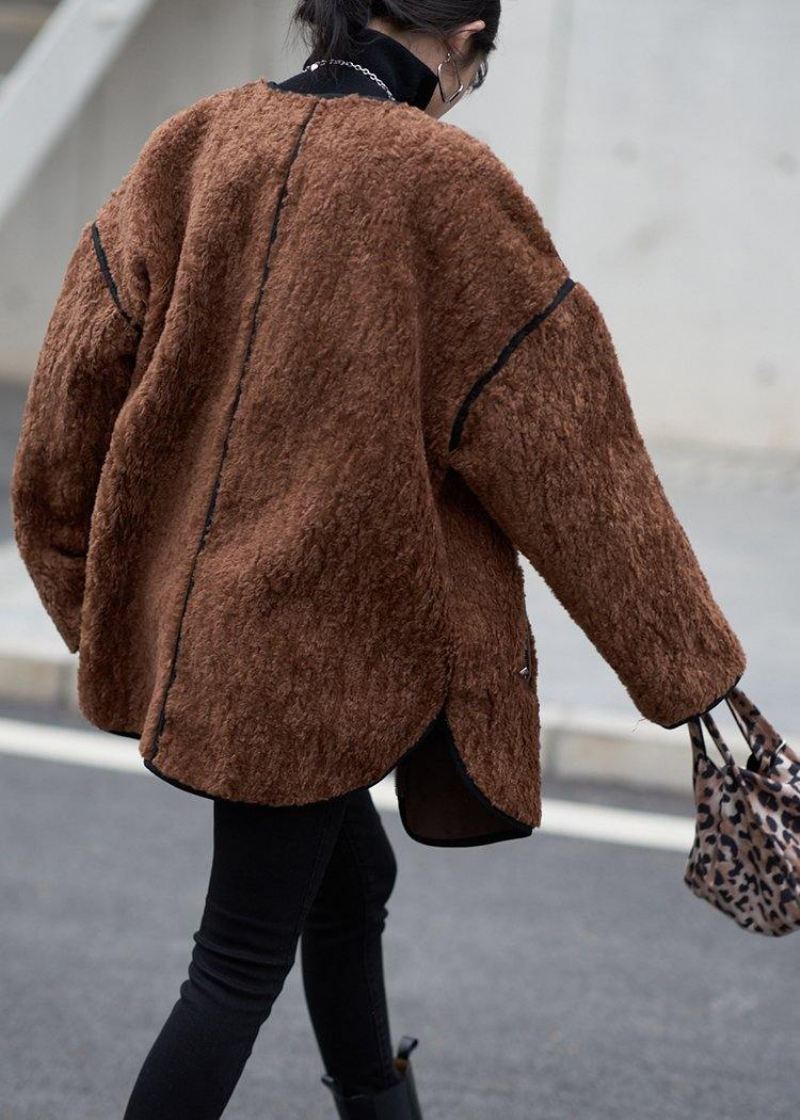 Oversized Frakker Kvinner Sjokolade O Hals Glidelås Ull Kåpe - Trenchcoats for kvinner