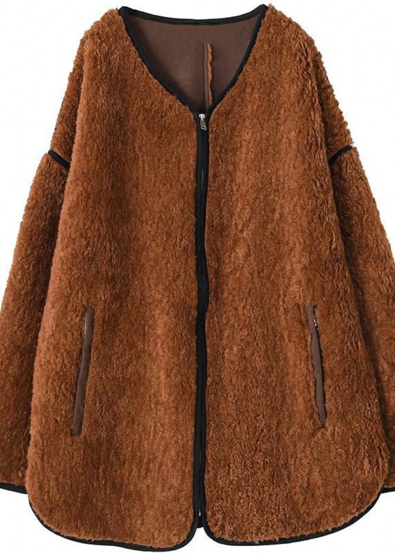 Oversized Frakker Kvinner Sjokolade O Hals Glidelås Ull Kåpe - Trenchcoats for kvinner