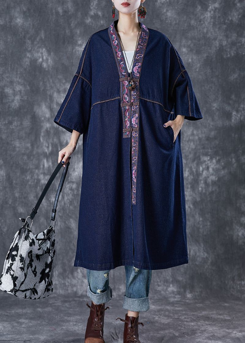 Plus Size Navy Brodert Kinesisk Button Denim Trench Fall