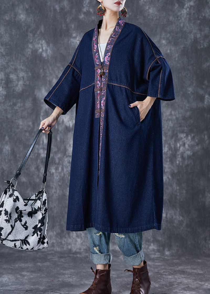 Plus Size Navy Brodert Kinesisk Button Denim Trench Fall - Trenchcoats for kvinner