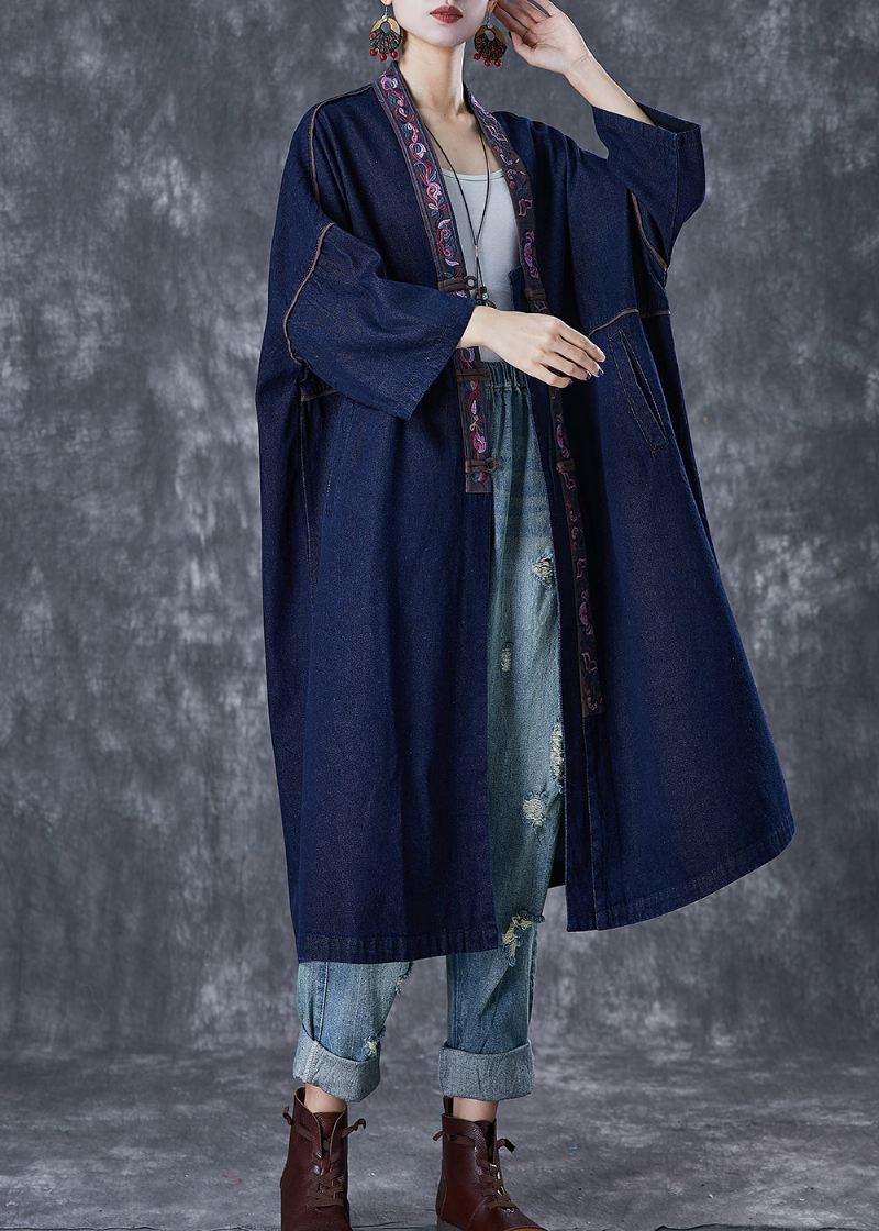 Plus Size Navy Brodert Kinesisk Button Denim Trench Fall - Trenchcoats for kvinner