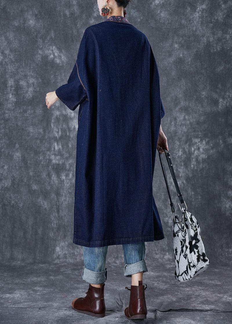 Plus Size Navy Brodert Kinesisk Button Denim Trench Fall - Trenchcoats for kvinner
