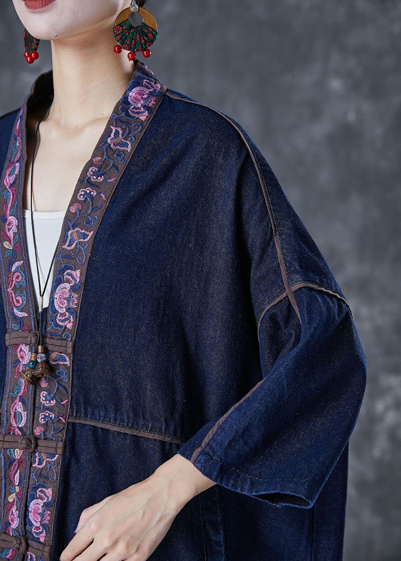 Plus Size Navy Brodert Kinesisk Button Denim Trench Fall - Trenchcoats for kvinner