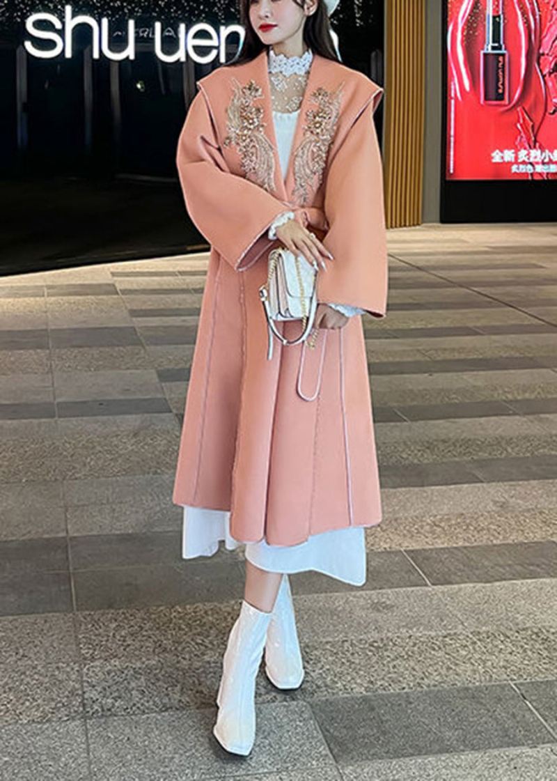 Uformell Oransje Rosa Brodert Dekorert Slips Midje Ullkåper Høsten - Trenchcoats for kvinner