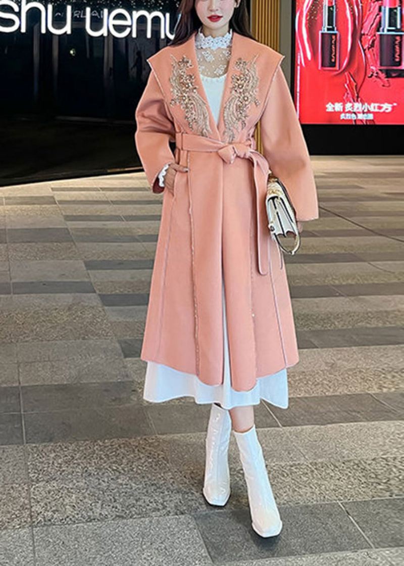 Uformell Oransje Rosa Brodert Dekorert Slips Midje Ullkåper Høsten - Trenchcoats for kvinner