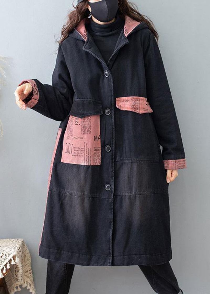 Vakre Denim Svart Kvalitetsklær For Dame Tutorials Hettelommer Vårfrakker - Trenchcoats for kvinner