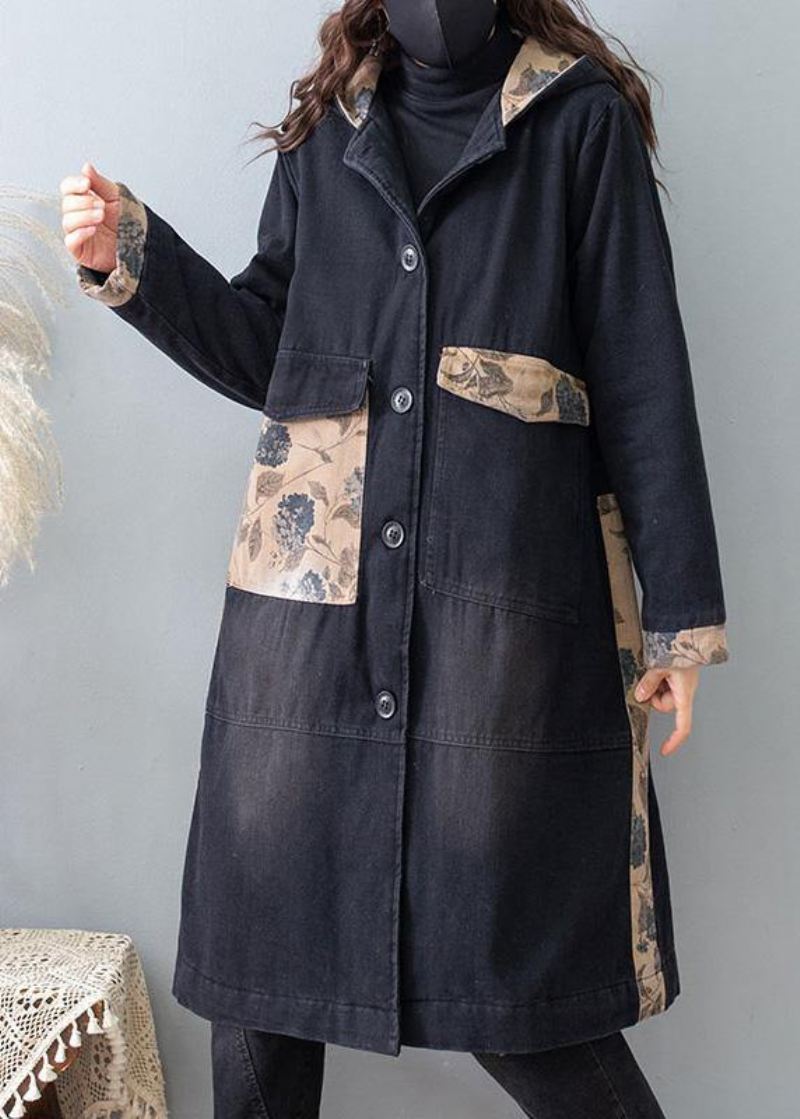 Vakre Denim Svart Kvalitetsklær For Dame Tutorials Hettelommer Vårfrakker - Trenchcoats for kvinner