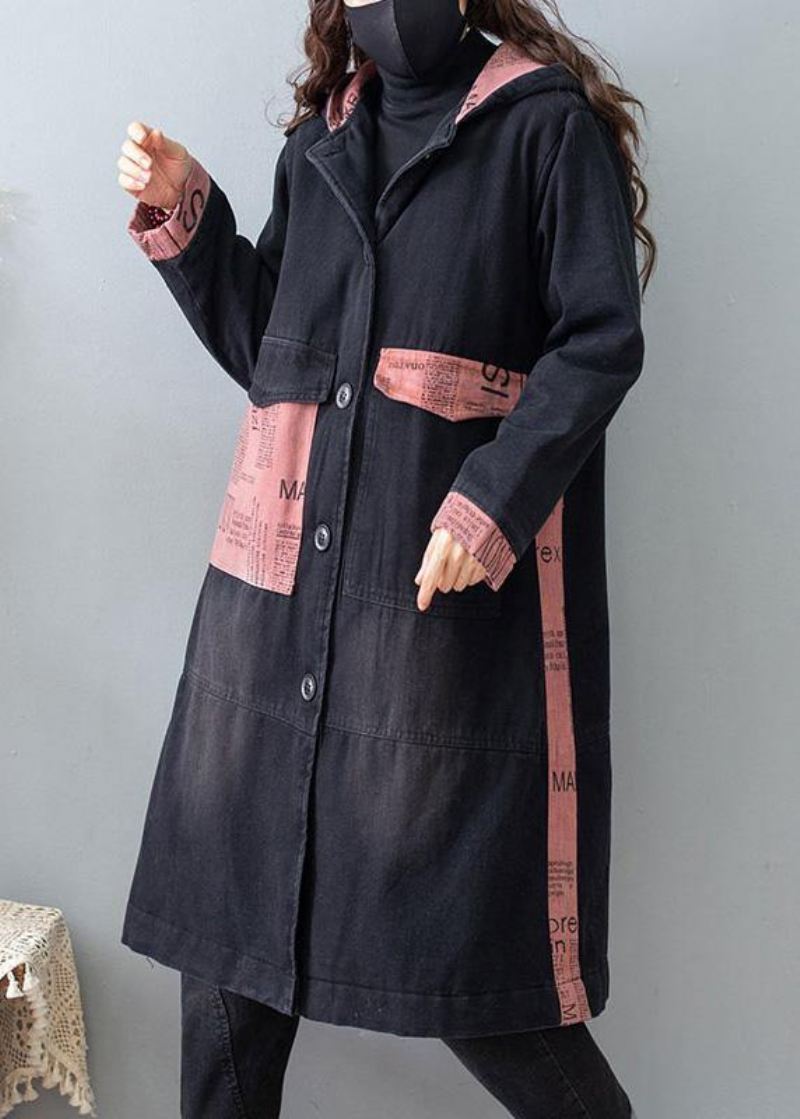 Vakre Denim Svart Kvalitetsklær For Dame Tutorials Hettelommer Vårfrakker - Trenchcoats for kvinner