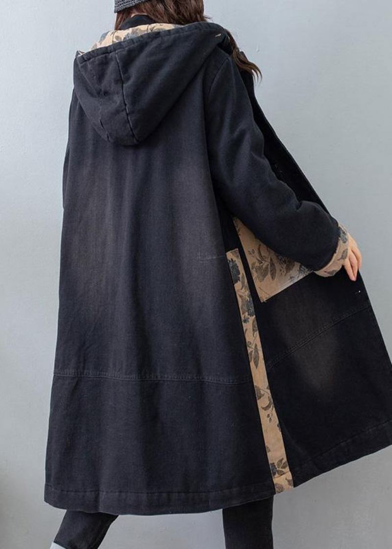 Vakre Denim Svart Kvalitetsklær For Dame Tutorials Hettelommer Vårfrakker - Trenchcoats for kvinner