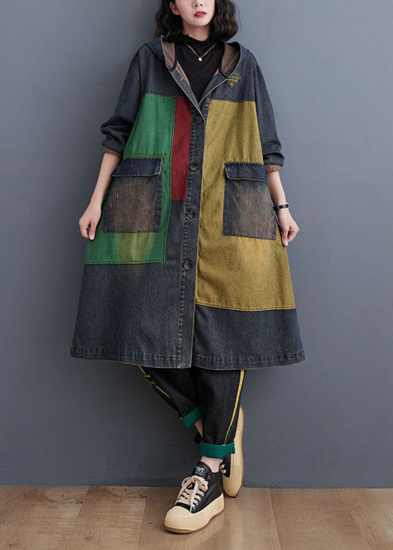 Vintage Colorblock Patchwork Button Hette Denim Trench Coat Langermet
