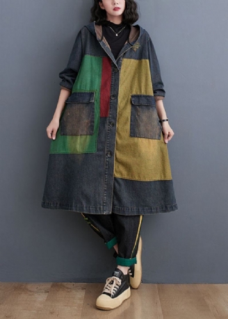 Vintage Colorblock Patchwork Button Hette Denim Trench Coat Langermet