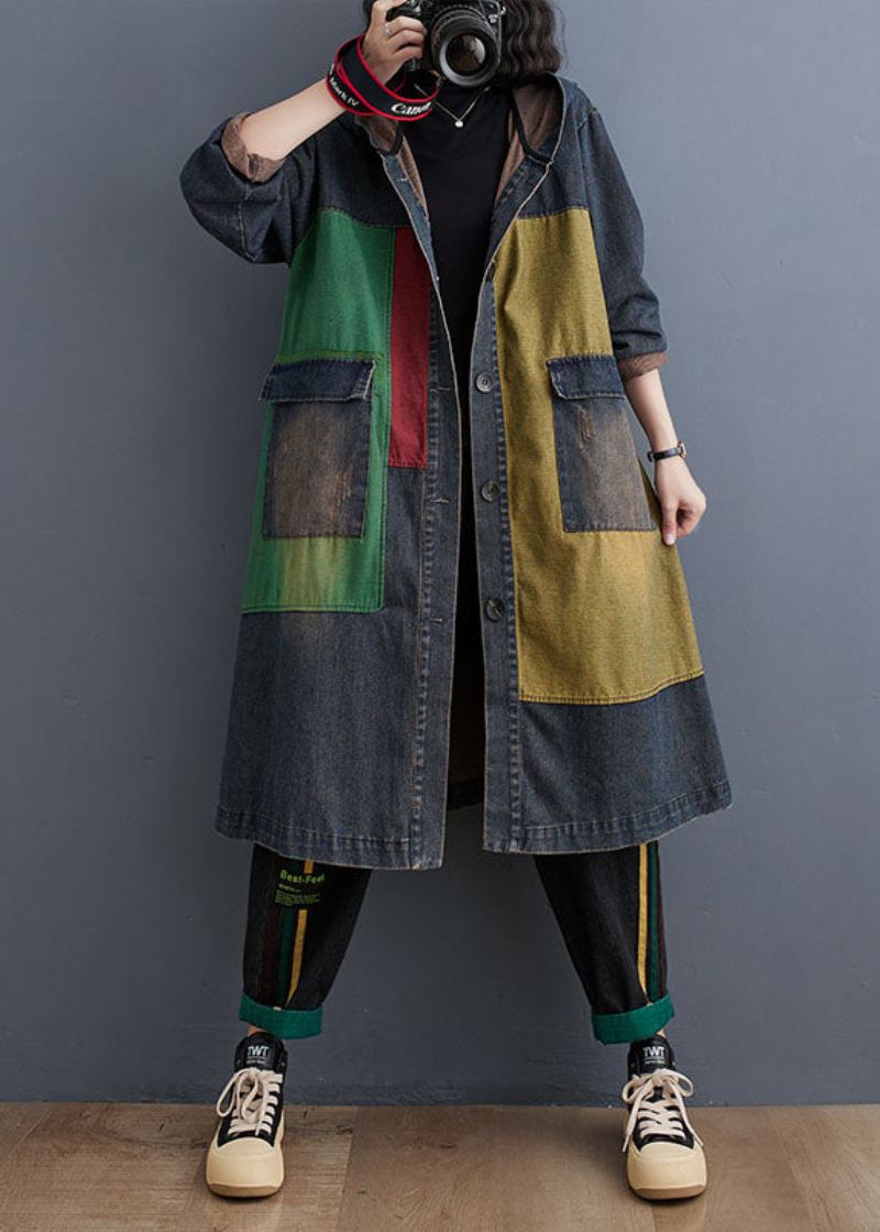 Vintage Colorblock Patchwork Button Hette Denim Trench Coat Langermet - Trenchcoats for kvinner