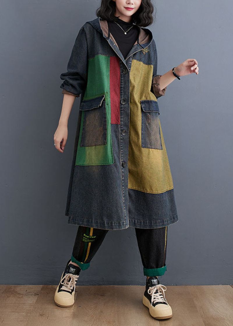 Vintage Colorblock Patchwork Button Hette Denim Trench Coat Langermet - Trenchcoats for kvinner