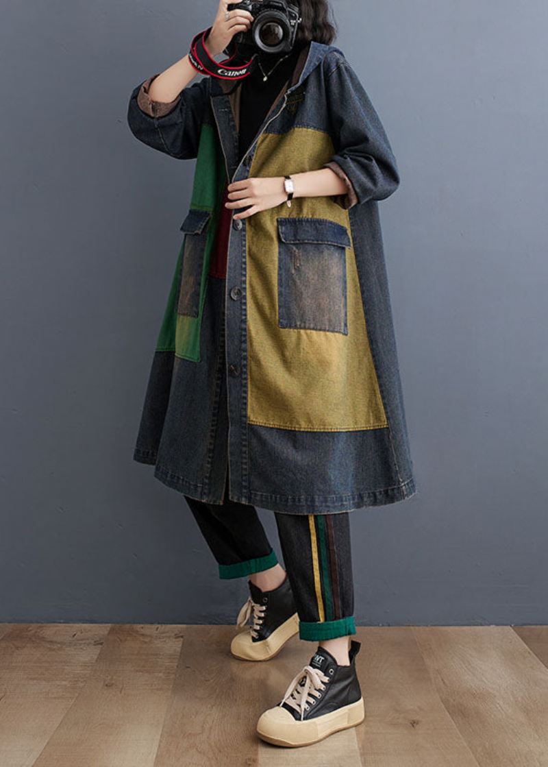 Vintage Colorblock Patchwork Button Hette Denim Trench Coat Langermet - Trenchcoats for kvinner