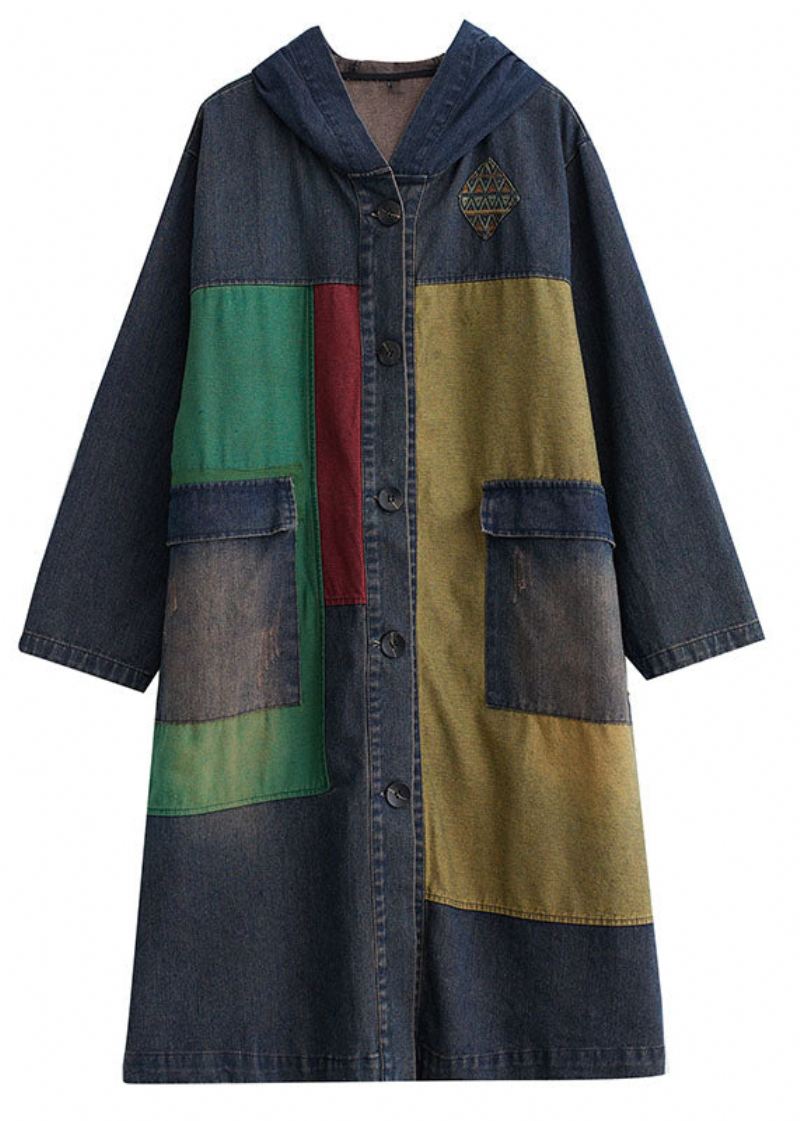 Vintage Colorblock Patchwork Button Hette Denim Trench Coat Langermet - Trenchcoats for kvinner