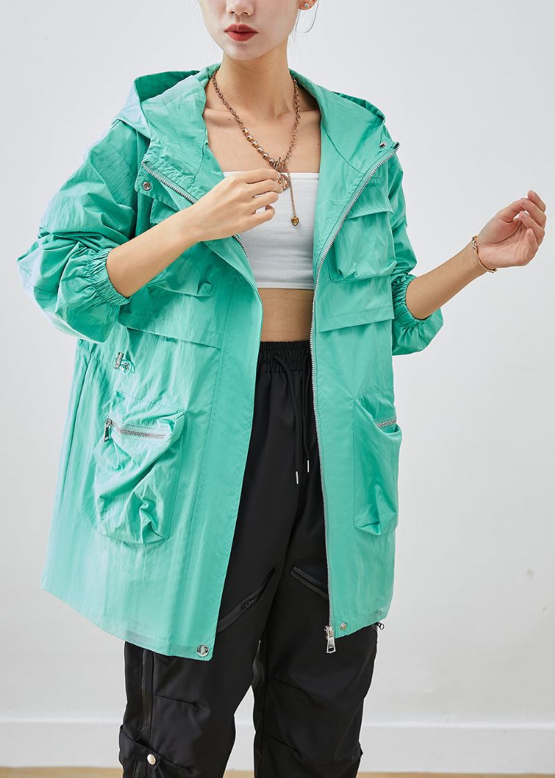 Grønn Patchwork Spandex Coat Outwear Hettelommer Fall - Vinterfrakker for kvinner