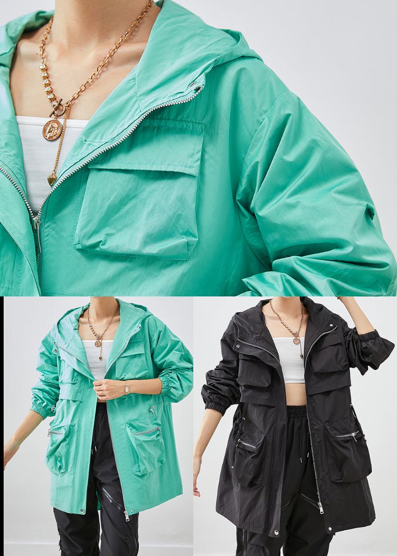 Grønn Patchwork Spandex Coat Outwear Hettelommer Fall - Vinterfrakker for kvinner