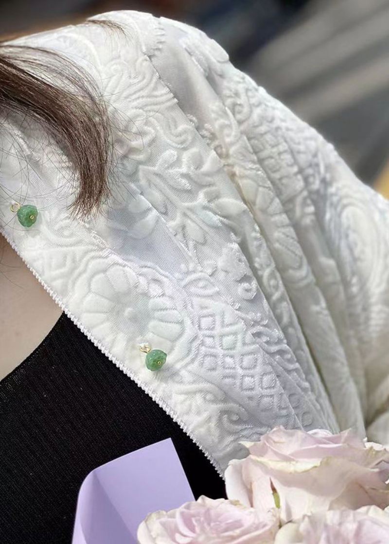Jacquard Hvit Stativ Krageknapp Silke Velour Frakk Høst - Vinterfrakker for kvinner