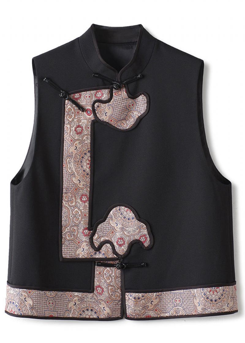 Jacquard Svart Stativ Krageknapp Patchwork Ullvest Høst - Vinterfrakker for kvinner