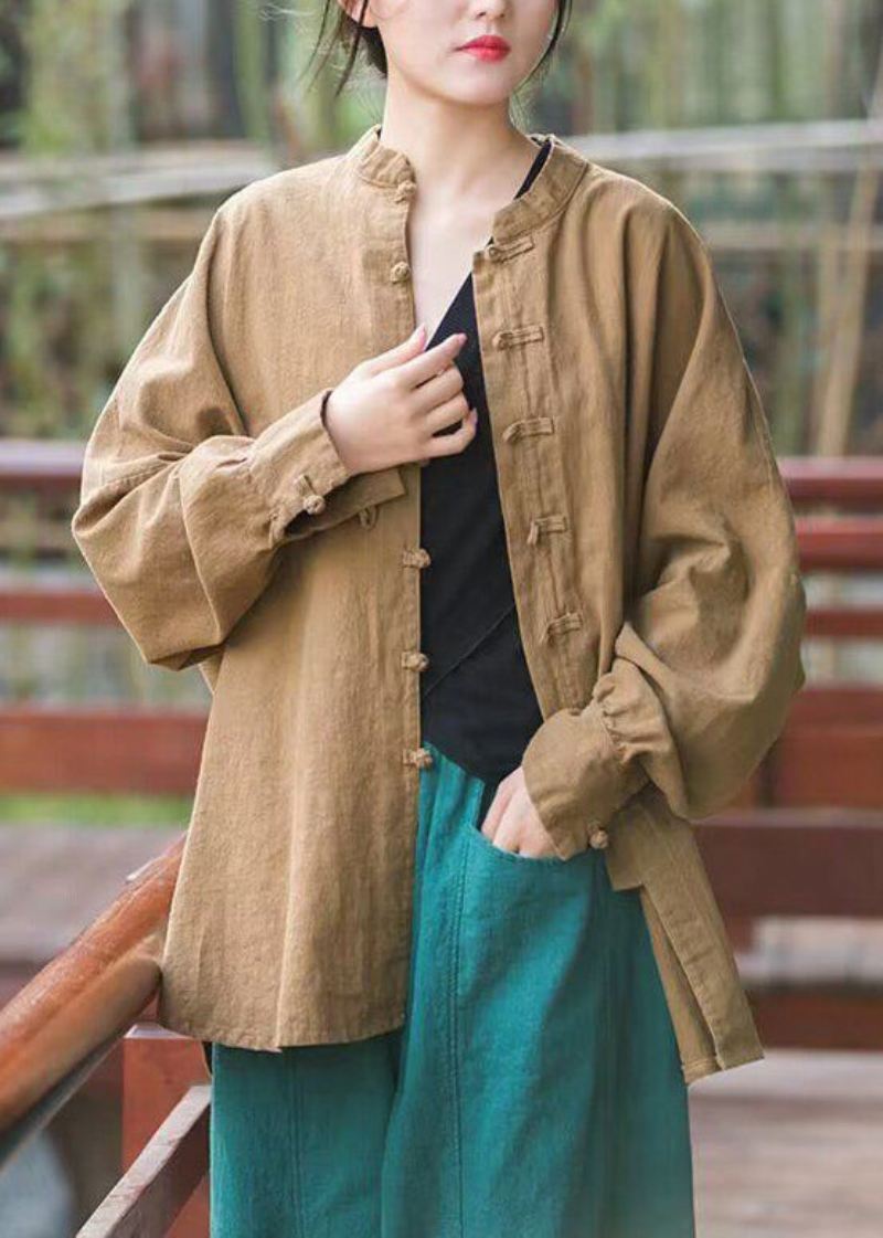 Khaki Button Patchwork Cotton Coats Stand Collar Spring - Vinterfrakker for kvinner