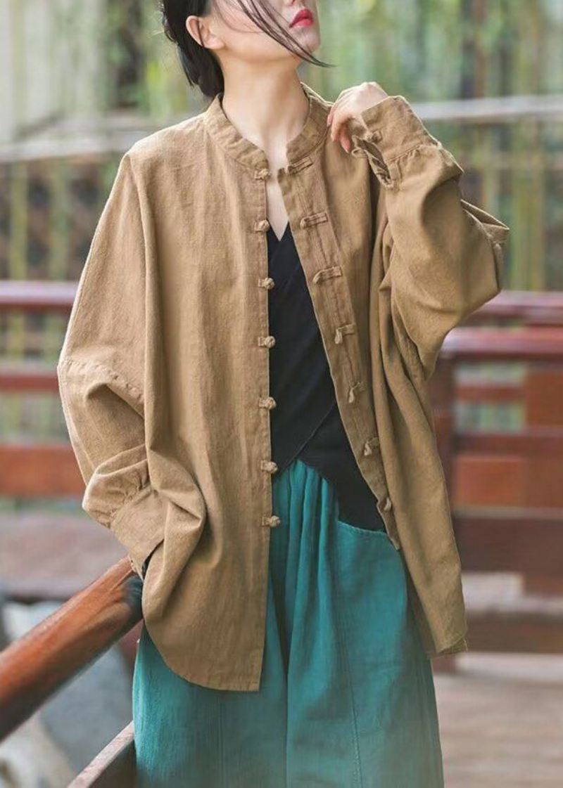 Khaki Button Patchwork Cotton Coats Stand Collar Spring - Vinterfrakker for kvinner