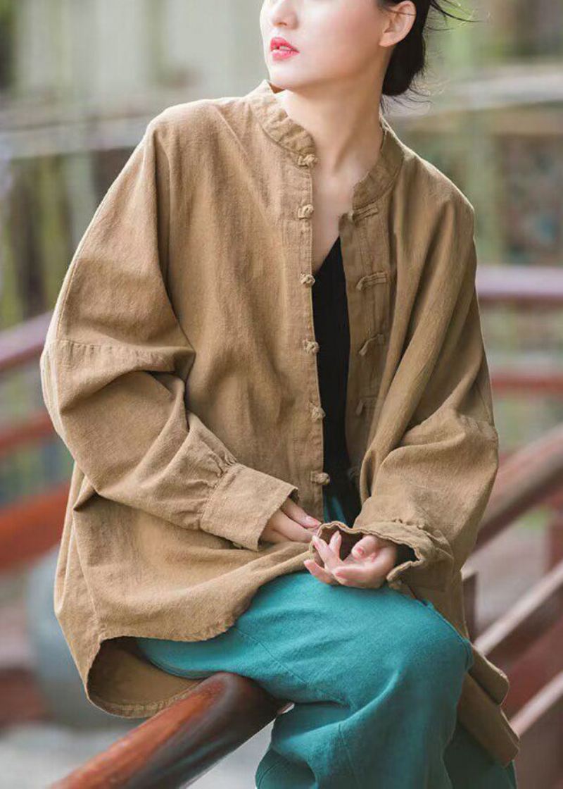Khaki Button Patchwork Cotton Coats Stand Collar Spring - Vinterfrakker for kvinner