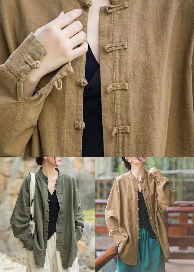 Khaki Button Patchwork Cotton Coats Stand Collar Spring - Vinterfrakker for kvinner