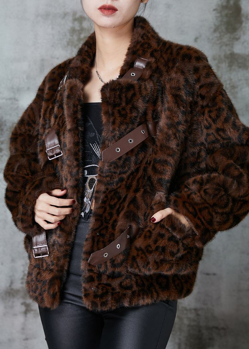 Klassiske Brune Leopardtrykklommer Imitert Pelsfrakk Vinter