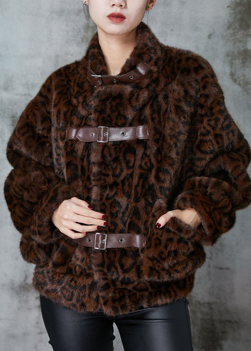 Klassiske Brune Leopardtrykklommer Imitert Pelsfrakk Vinter - Vinterfrakker for kvinner
