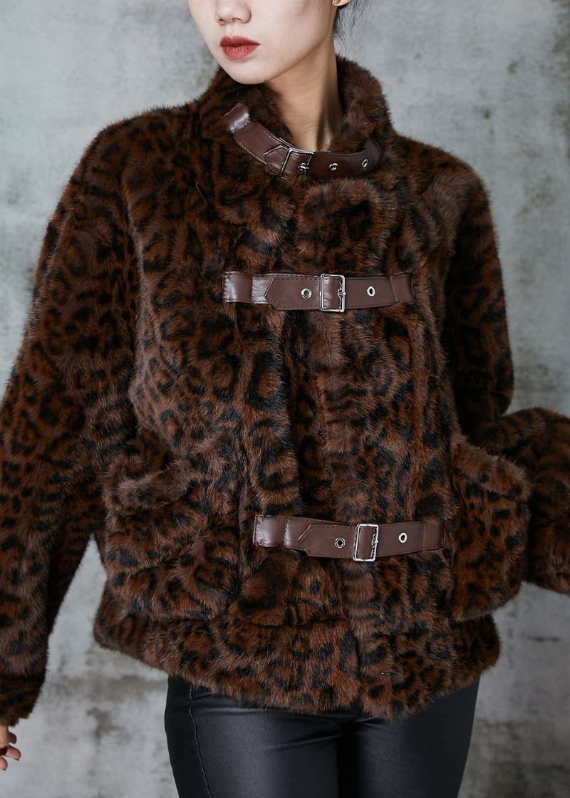 Klassiske Brune Leopardtrykklommer Imitert Pelsfrakk Vinter - Vinterfrakker for kvinner